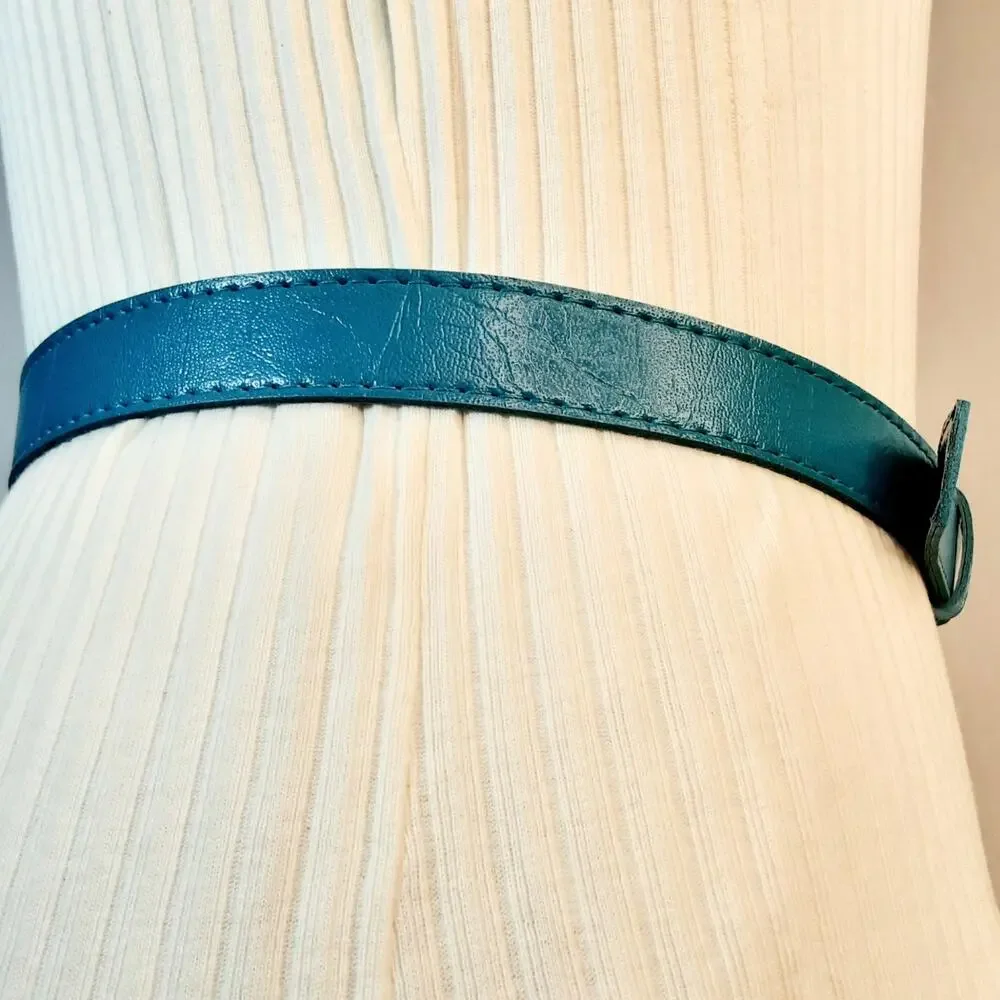 💎Womens Teal Blue Textured Faux Leather Belt Size Medium Covered Buckle Mexico